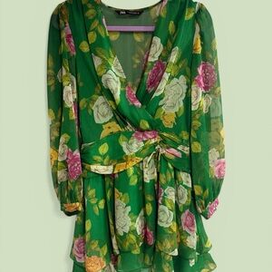 Zara Green Floral Wrap Mini Tunic with Pink & Yellow Roses